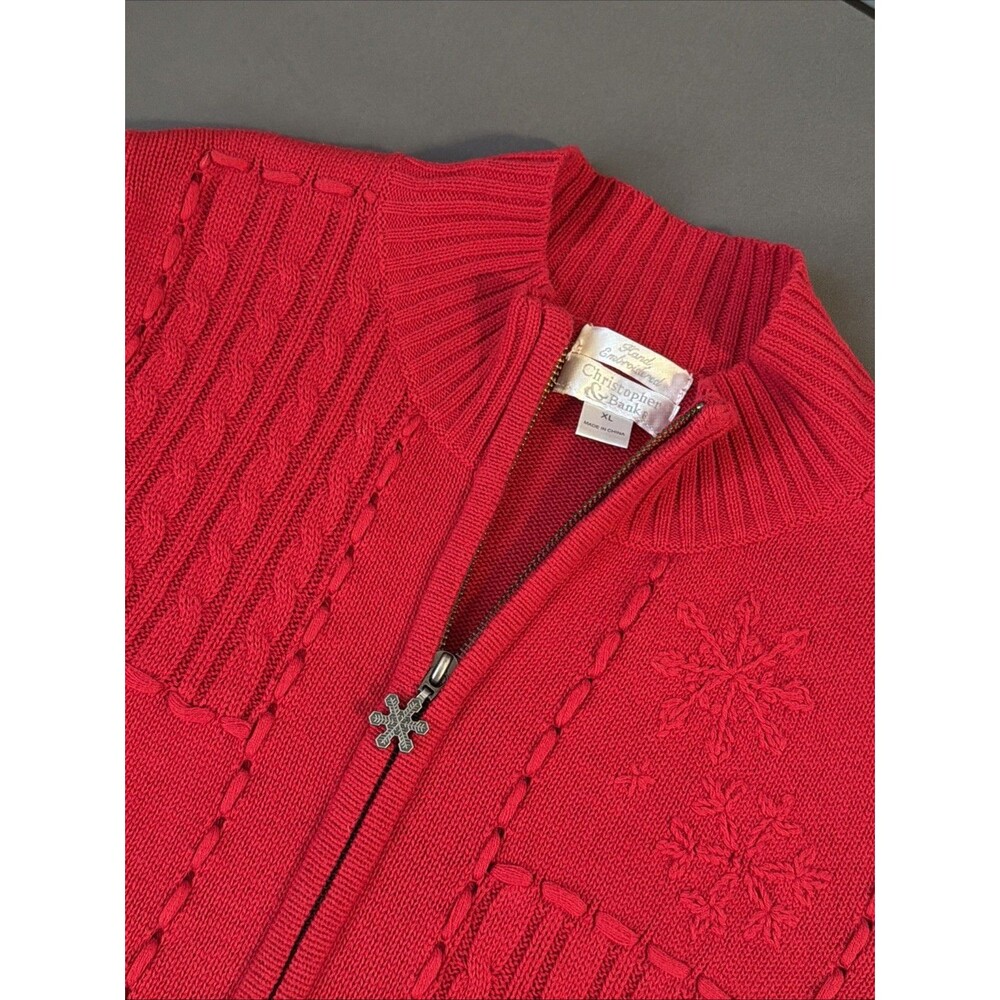 Christopher & Banks XL Sweater Hand Embroidered Full Zip Snowflakes Christmas
